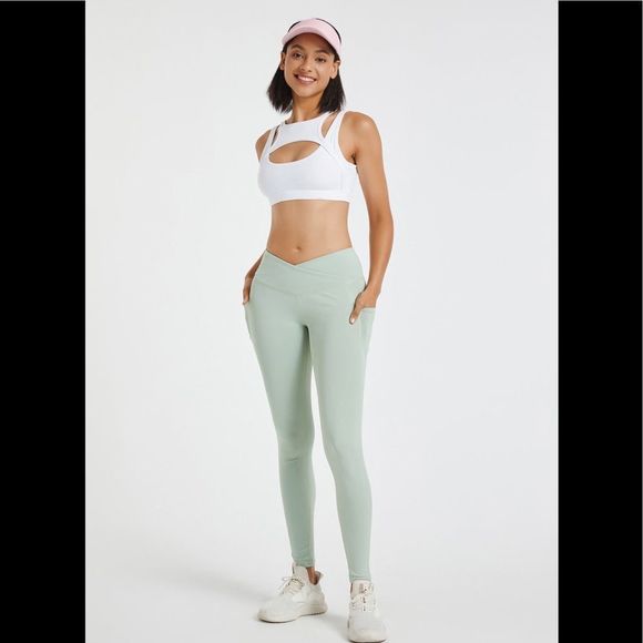 Sage Green Crossover Legging With Pockets - Picture 2 of 8